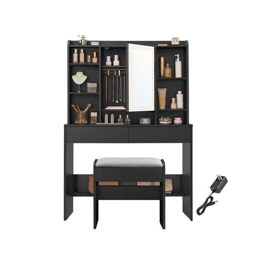 VASAGLE Vanity Desk with Dimmable LED Mirror, Power Outlets, Storage & Stool