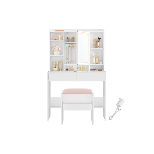 VASAGLE Vanity Desk with Dimmable LED Mirror, Power Outlets, Storage & Stool