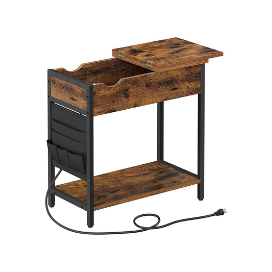 Modern Sofa Side Table with Power Outlet, Flip Top, Charging Station