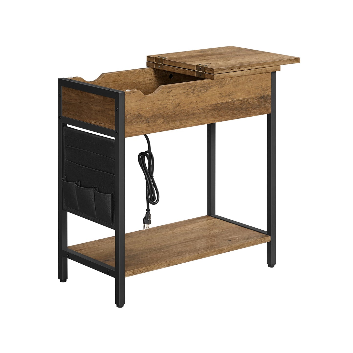 Modern Sofa Side Table with Power Outlet, Flip Top, Charging Station